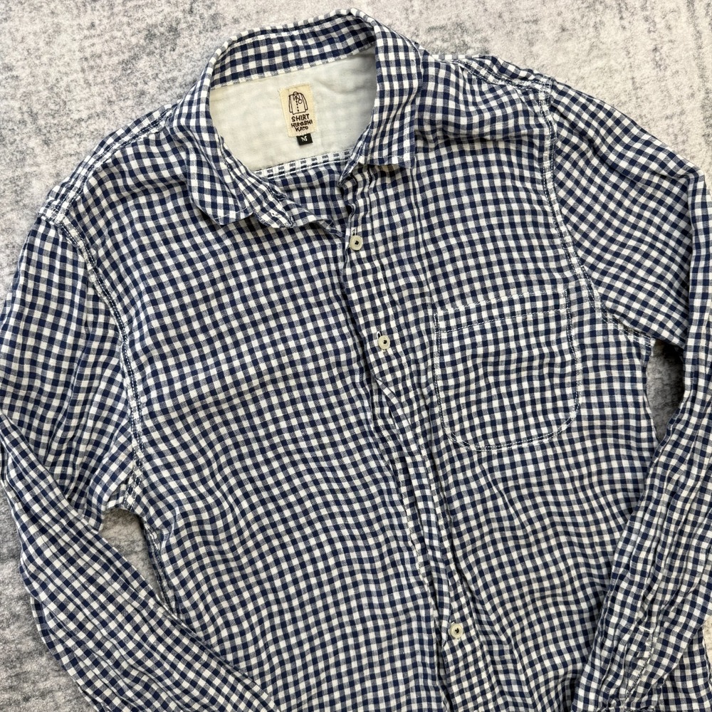 Hiroshi Kato Shirt Mens Medium Blue Gingham Check Linen Button Up Slim Preppy